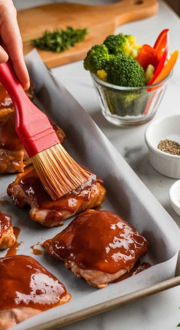 A hand brushing chicken thighs with BBQ sauce