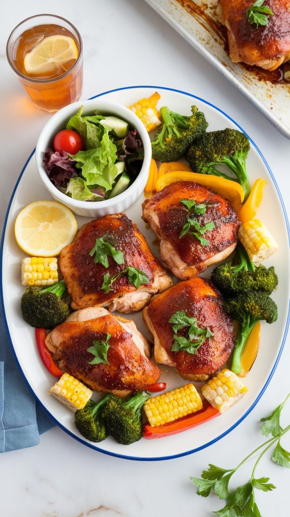 Plate of sheet pan BBQ chicken